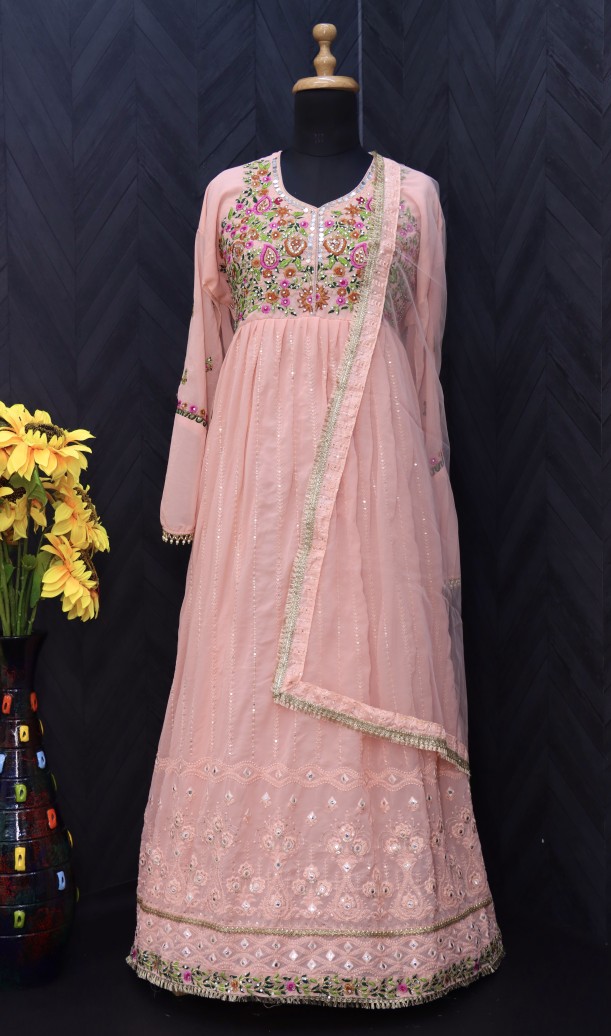 Georgette Fabric Function Wear Embroidered peach Color Anarkali Suit