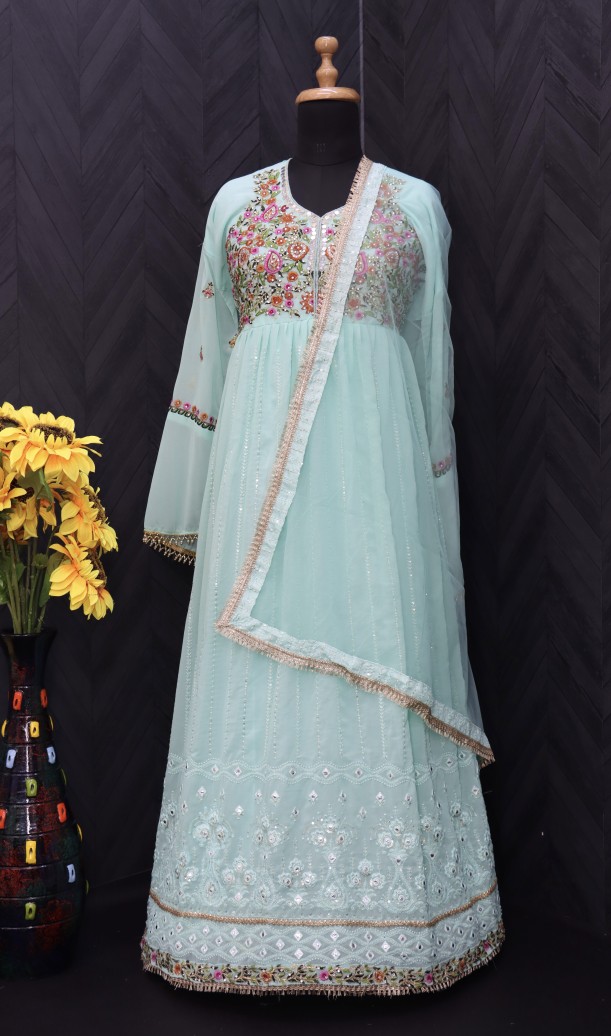 Georgette Fabric Function Wear Embroidered sky blue Color Anarkali Suit