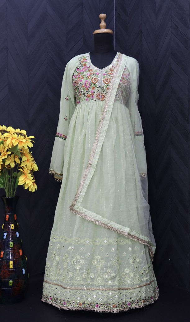 Georgette Fabric Function Wear Embroidered pista Color Anarkali Suit