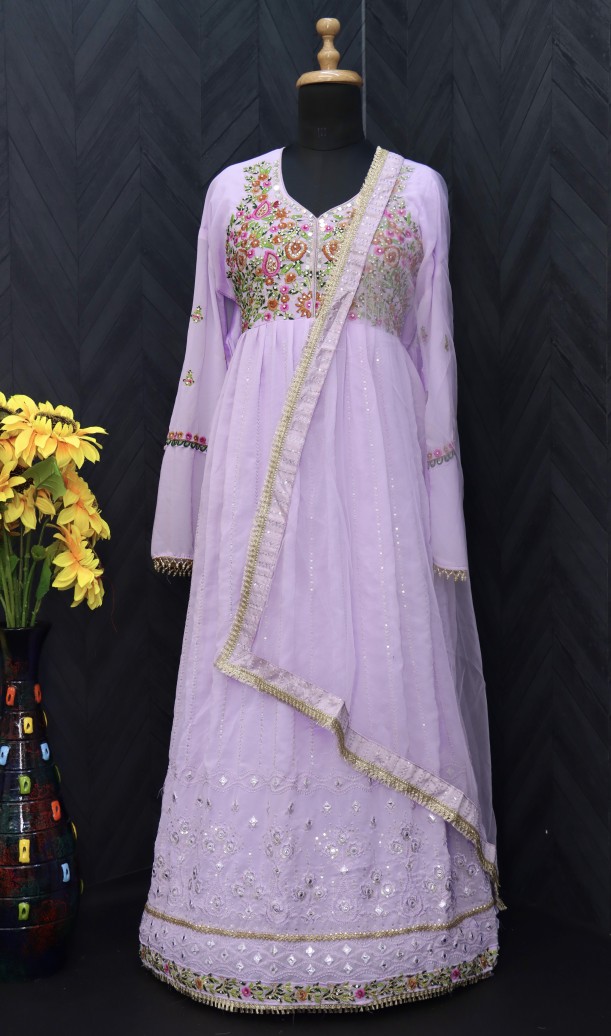 Georgette Fabric Function Wear Embroidered lilac Color Anarkali Suit