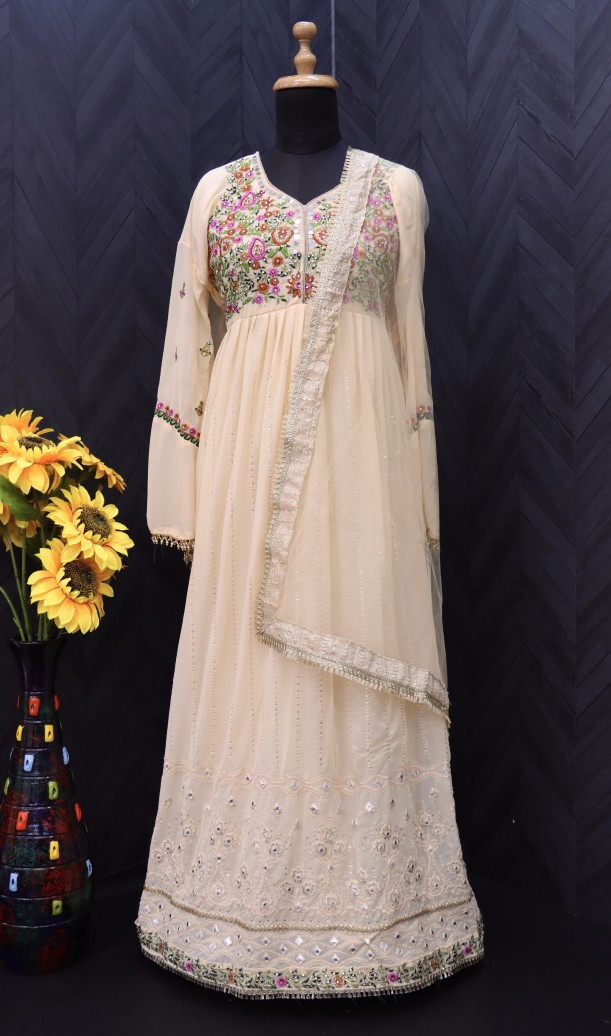 Georgette Fabric Function Wear Embroidered cream Color Anarkali Suit