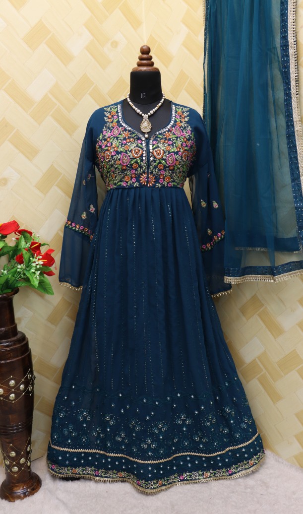 Georgette Fabric Function Wear Embroidered turquoise Color Anarkali Suit