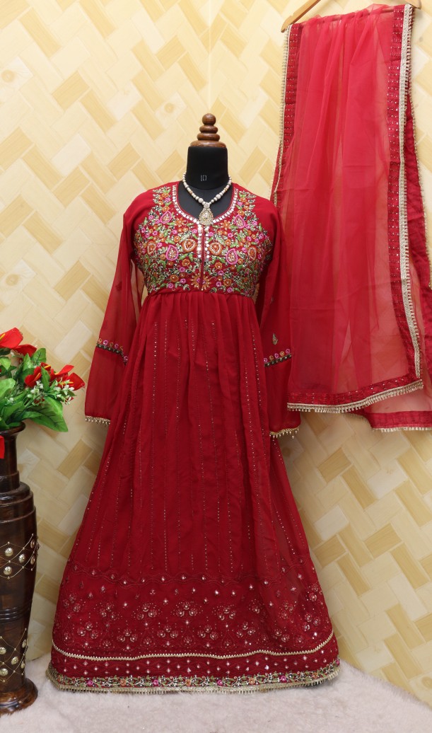 Georgette Fabric Function Wear Embroidered red Color Anarkali Suit