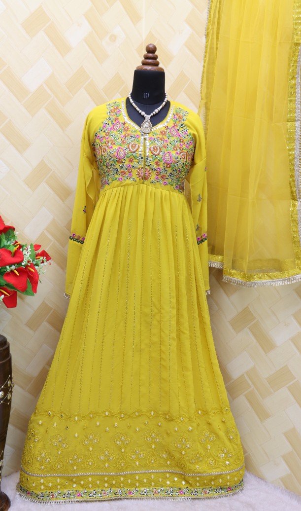 Georgette Fabric Function Wear Embroidered Yellow Color Anarkali Suit