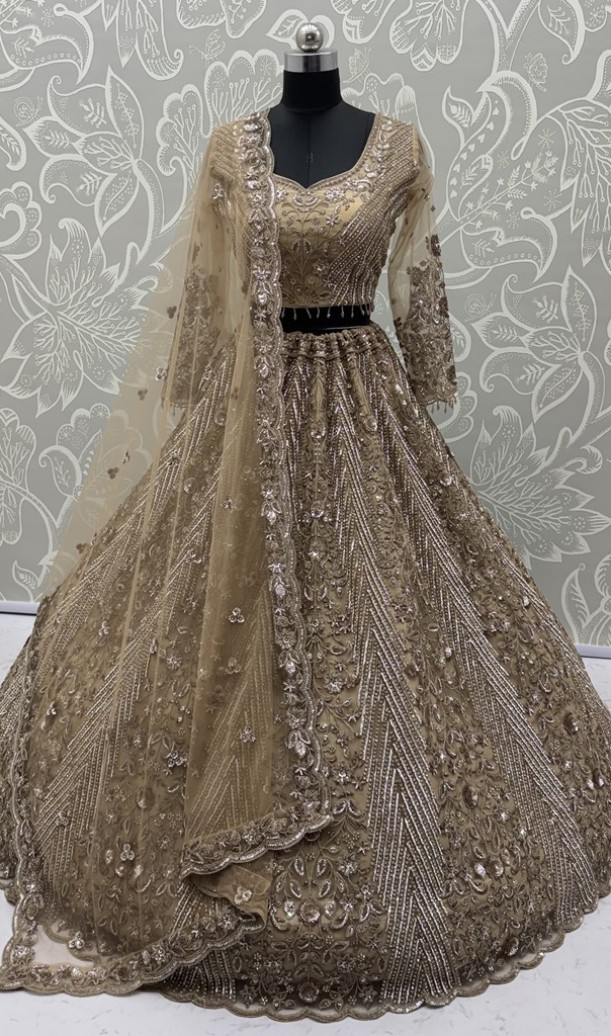 Gorgeous Beige Sequins Net Engagement Wear Lehenga Choli With Dupatta