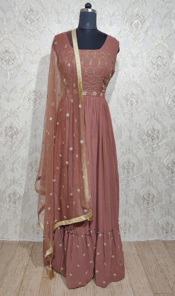 Party Style Peach Color Glorious Gown With Dupatta In Georgette Fabric