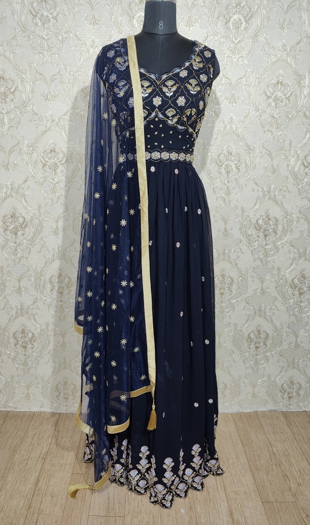 Navy Blue Readymade Designer Wedding Wear Faux Georgette Anarkali Suit