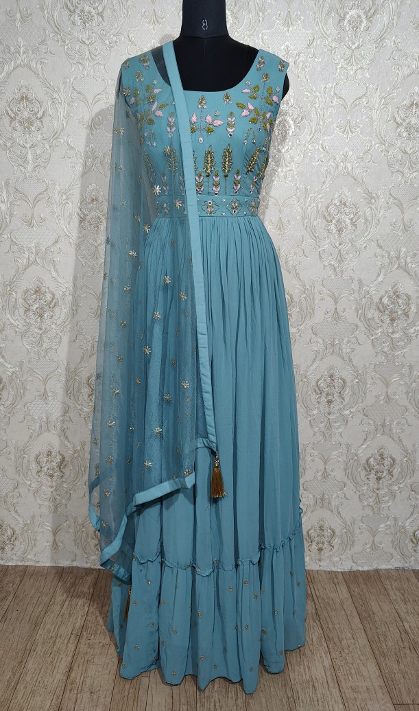  Sky Blue Faux Georgette Long Anarkali Suit