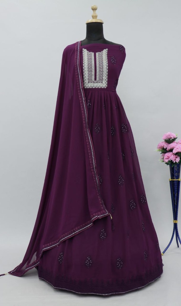 Deep Purple Lucknowi Zari Embroidered Designer Anarkali Suit at Sokiro Style