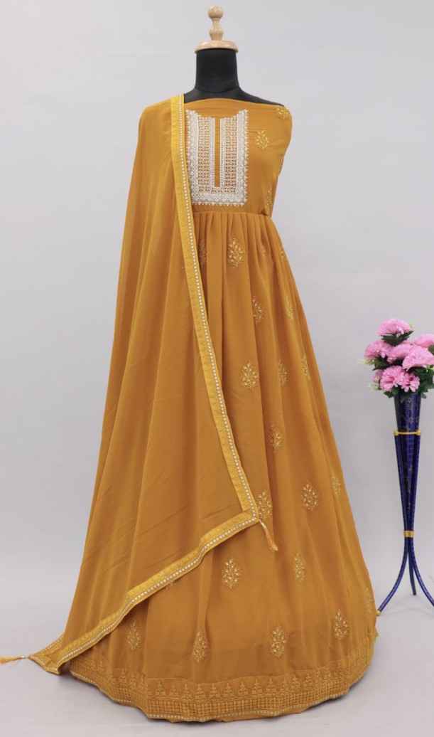 Musturd yellow Lucknowi Zari Embroidered Designer Anarkali Suit at Sokiro Style