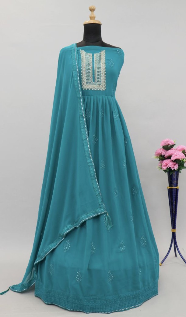 Sky blue Lucknowi Zari Embroidered Designer Anarkali Suit at Sokiro Style Sky blue Lucknowi Zari Embroidered Designer Anarkali Suit at Sokiro Style