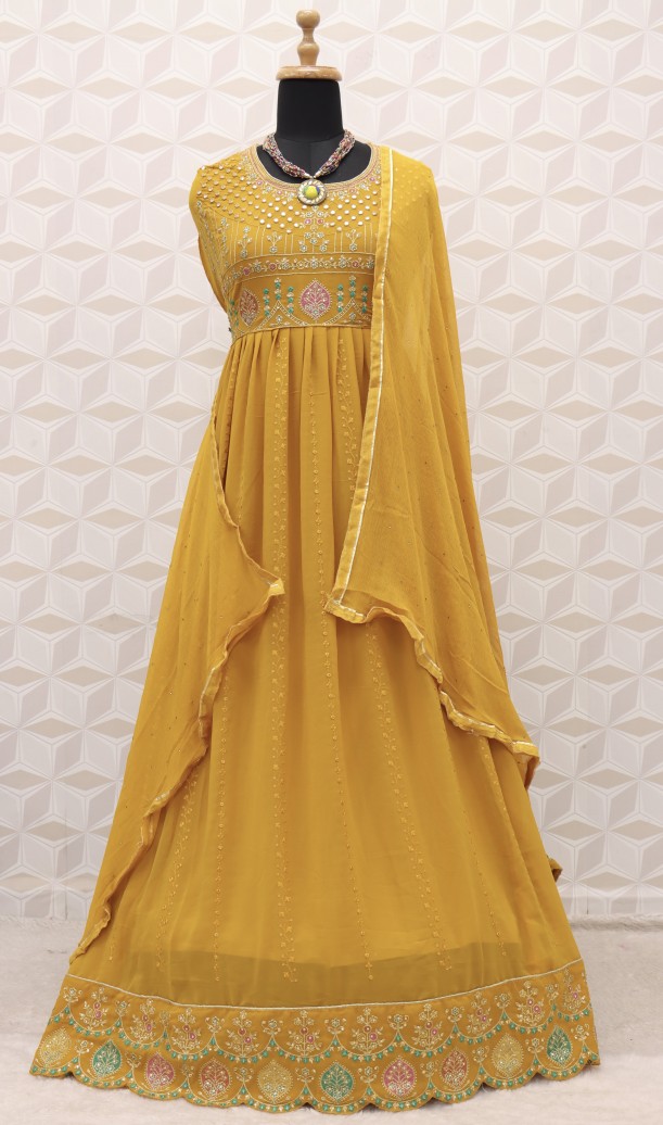Mustard Gold Embroidered Belted Dress