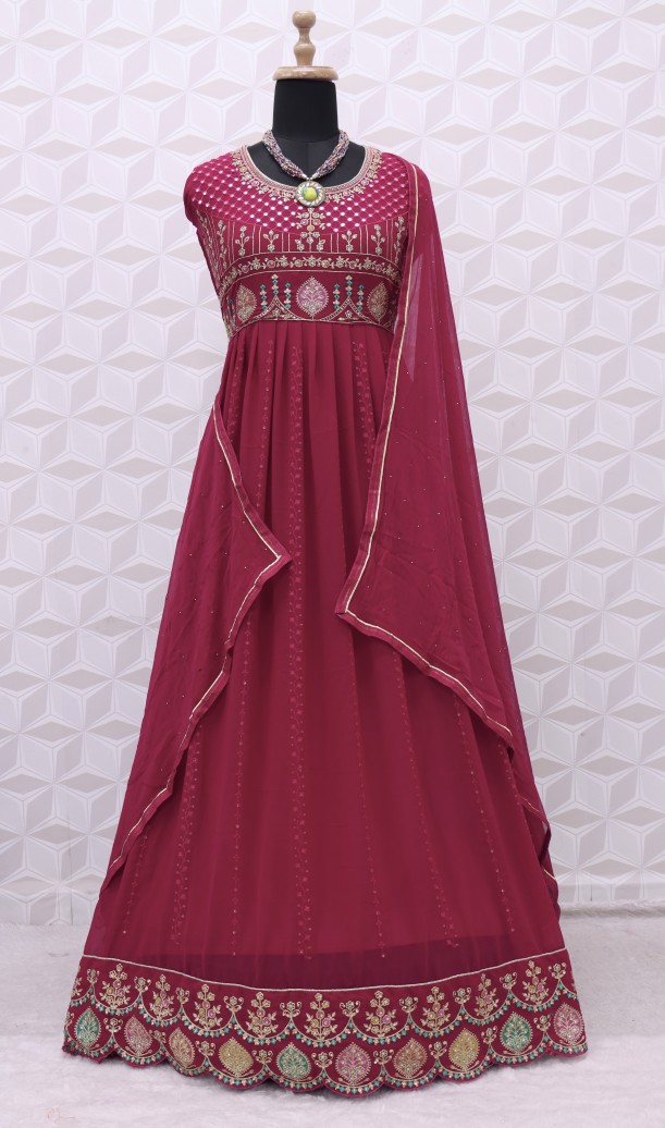 Red Embroidered Slitted Anarkali Suit In Georgette Red Embroidered Slitted Anarkali Suit In Georgette