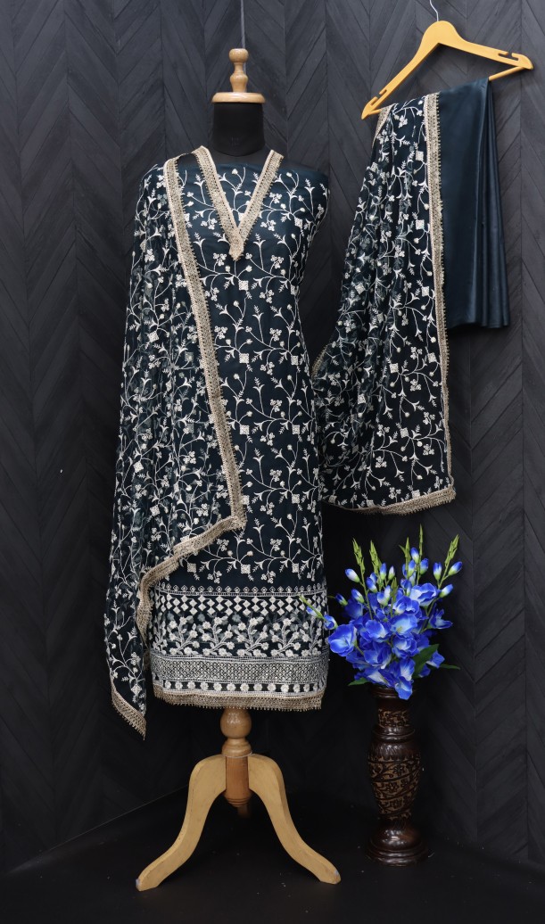 Embroidered Net Pakistani Suit in Dark slate grey Embroidered Net Pakistani Suit in Dark slate grey
