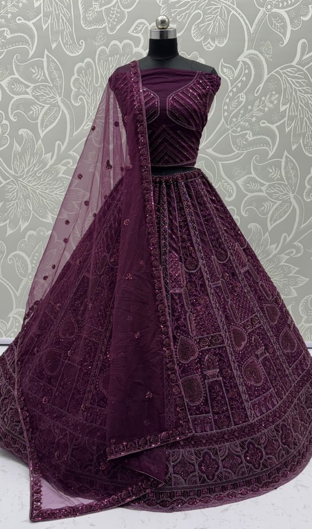 Sober Handwork Maroon Motif and Crystal Pipe work Designed Reception Wear Collection in Lehenga Choli