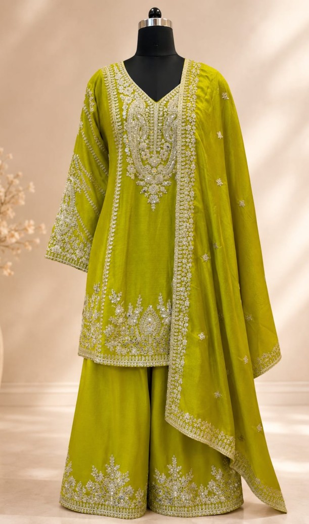 Green Chinon Palazzo Salwar Suit with Embroidered and Thread Work Green Chinon Palazzo Salwar Suit with Embroidered and Thread Work