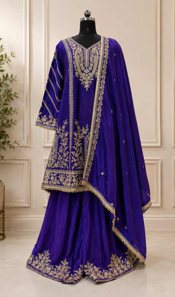 Embroidered and Thread Work Chinon Readymade Salwar Suit In Purple for Ceremonial Embroidered and Thread Work Chinon Readymade Salwar Suit In Purple for Ceremonial