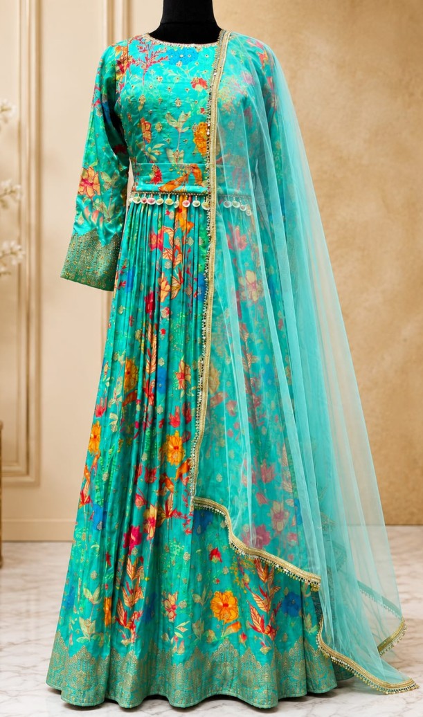 Turquoise Viscose Embroidered and Print Work Gown for Ceremonial Turquoise Viscose Embroidered and Print Work Gown for Ceremonial