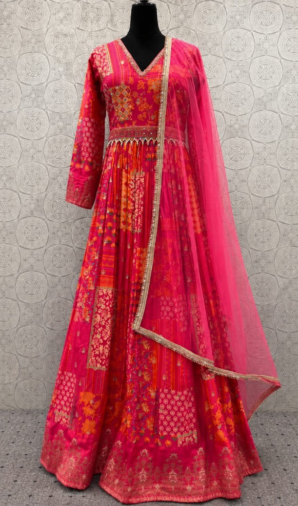 Pink Viscose Designer Gown with Embroidered and Print Work Pink Viscose Designer Gown with Embroidered and Print Work