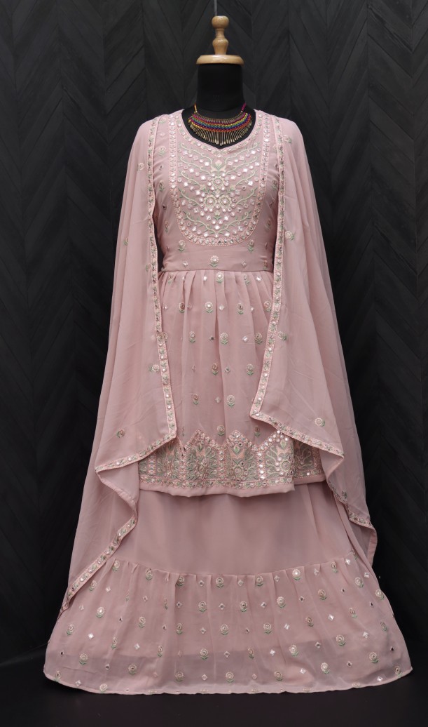 Embroidered Georgette Lehenga in peach
