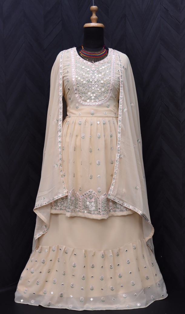 Embroidered Georgette Lehenga in light yellow