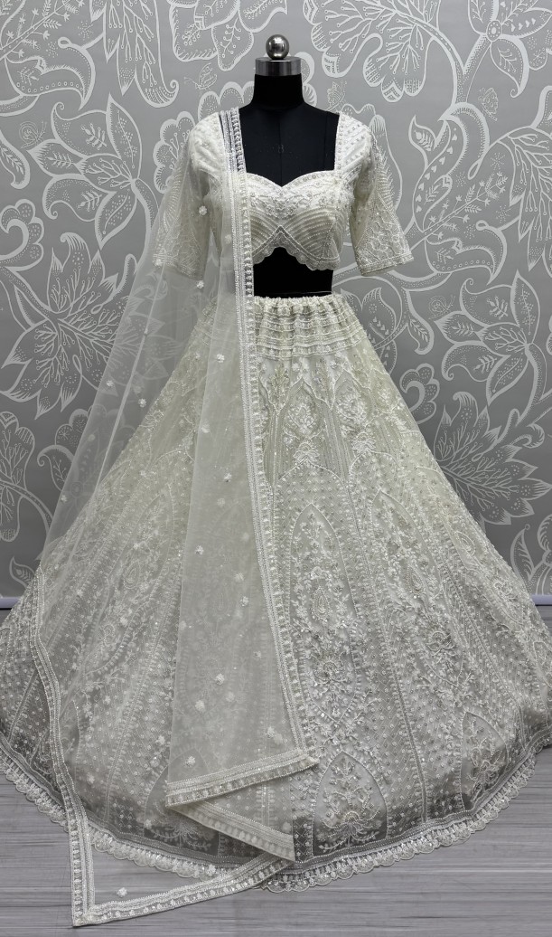 Stunning Beads and Motif White work combine Designer lehenga choli with stitch Blouse