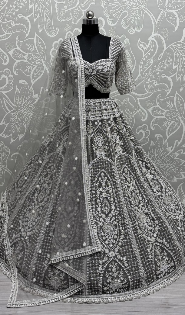 Stunning Beads and Motif Grey work combine Designer lehenga choli with stitch Blouse
