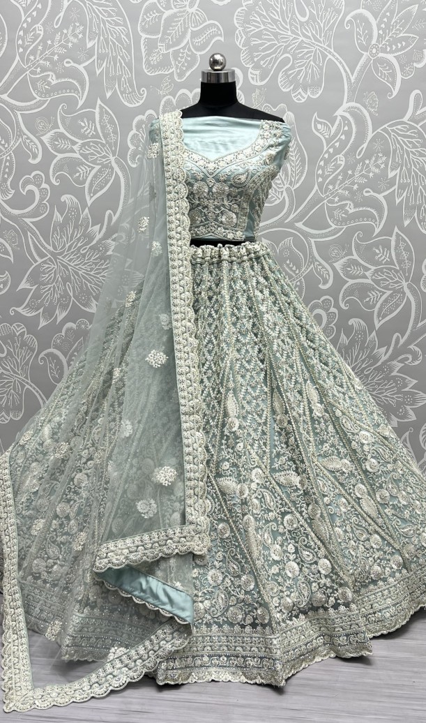 Dori and Zircon Diamond Blue Combine Designer Partywear Lehengacholi