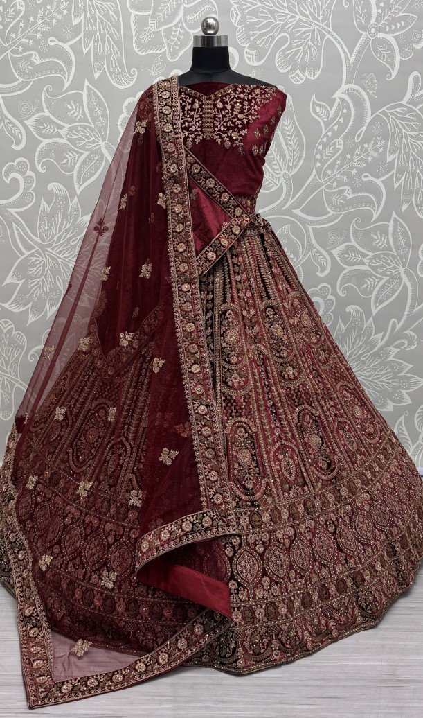Double dupatta combine Velvet Maroon Lehenga choli in Dori work