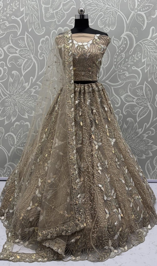 Beautiful Golden Dupatta on  Matching Designer Embroidered Reception wear Lehenga choli 