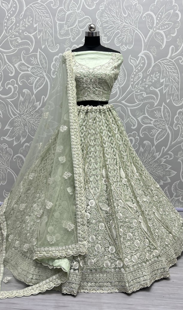Dori and Zircon Diamond Green Combine Designer Partywear Lehengacholi