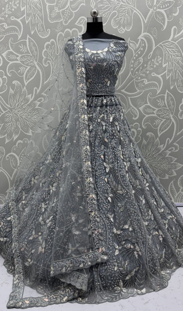 Beautiful Grey Dupatta on  Matching Designer Embroidered Reception wear Lehenga chol