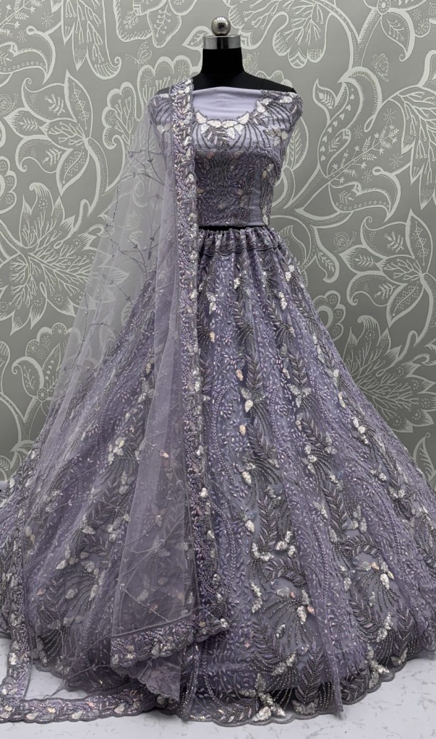 Beautiful Lavender Dupatta on  Matching Designer Embroidered Reception wear Lehenga choli 