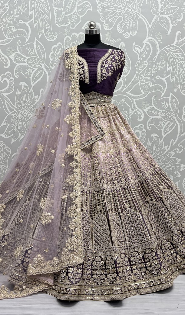 Heavy Work Padded Velvet Purple Designer Lehengacholi Perfect for occasional wear