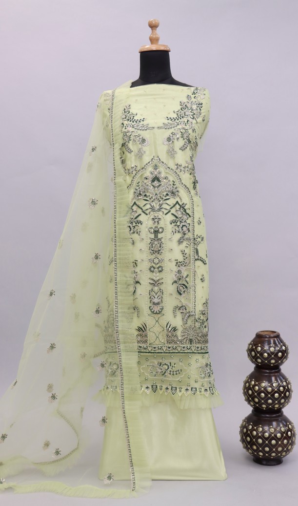 Lime-Green Chikankari-Mukesh Dress-material Lime-Green Chikankari-Mukesh Dress-material