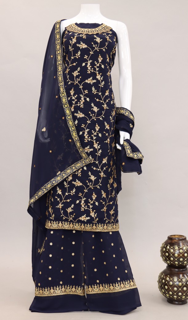 Navy Blue Embellished With Embroidered Georgette Palazzo Suit