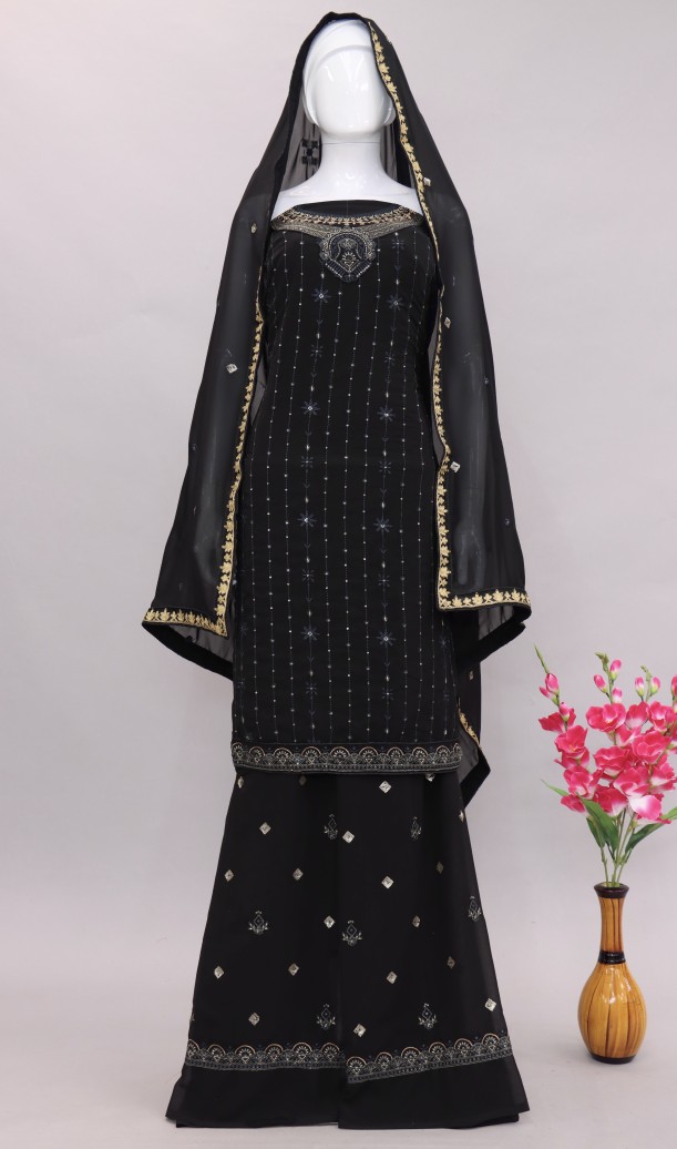 Black Color Function Wear Fancy Embroidered Sharara Dress In Georgette Fabric