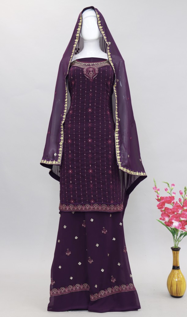 Purple Chinon Chiffon Embroidered Dress Material