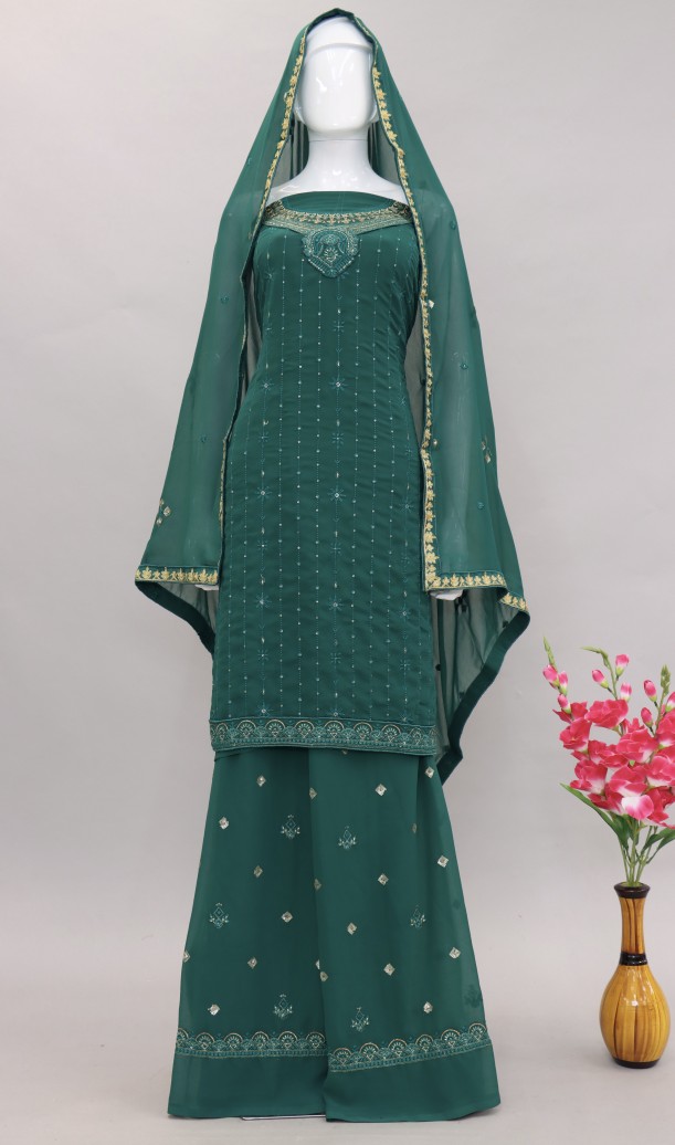 Dark Green Sequence Work Heavy Georgette Top With Sharara