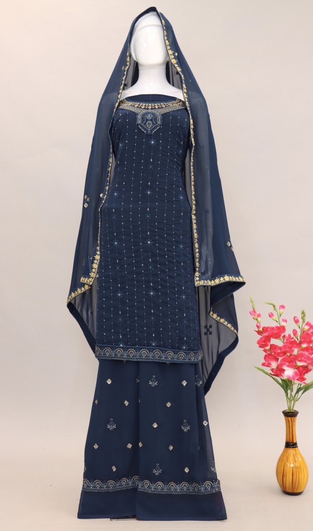 Navy Blue Georgette Zari Stone Semi Stitched Suit Set Navy Blue Georgette Zari Stone Semi Stitched Suit Set