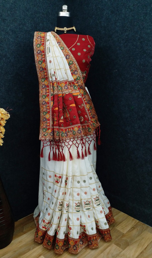 Soft Silk Embroidery Laheriya Work White Saree