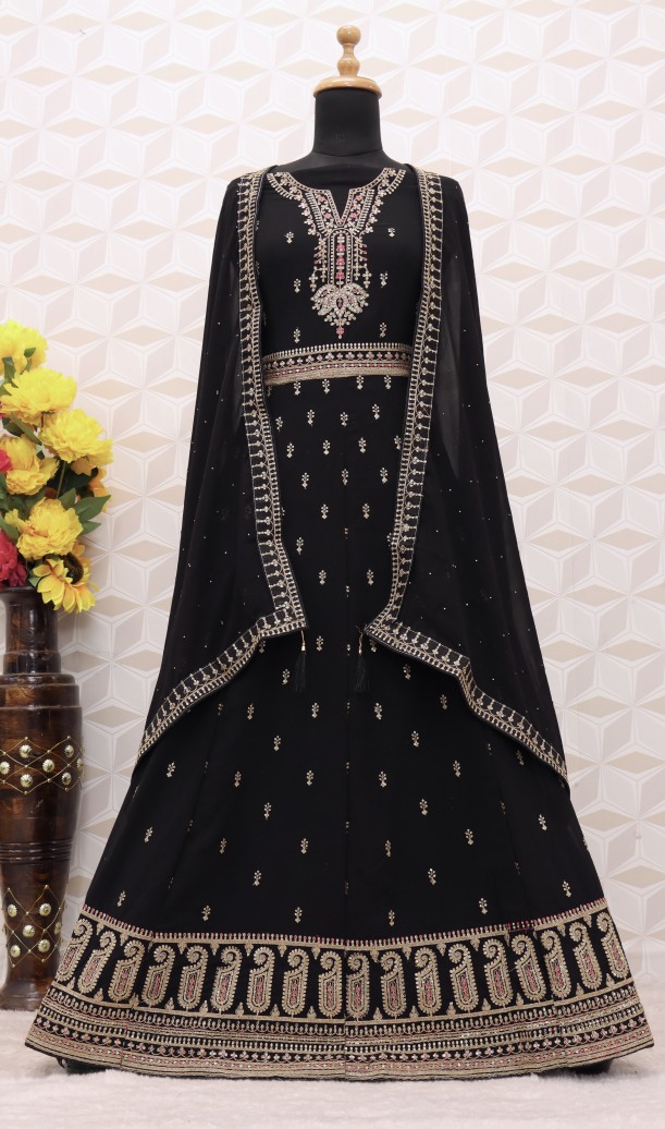 Embroidered Art Silk Abaya Style Suit in black