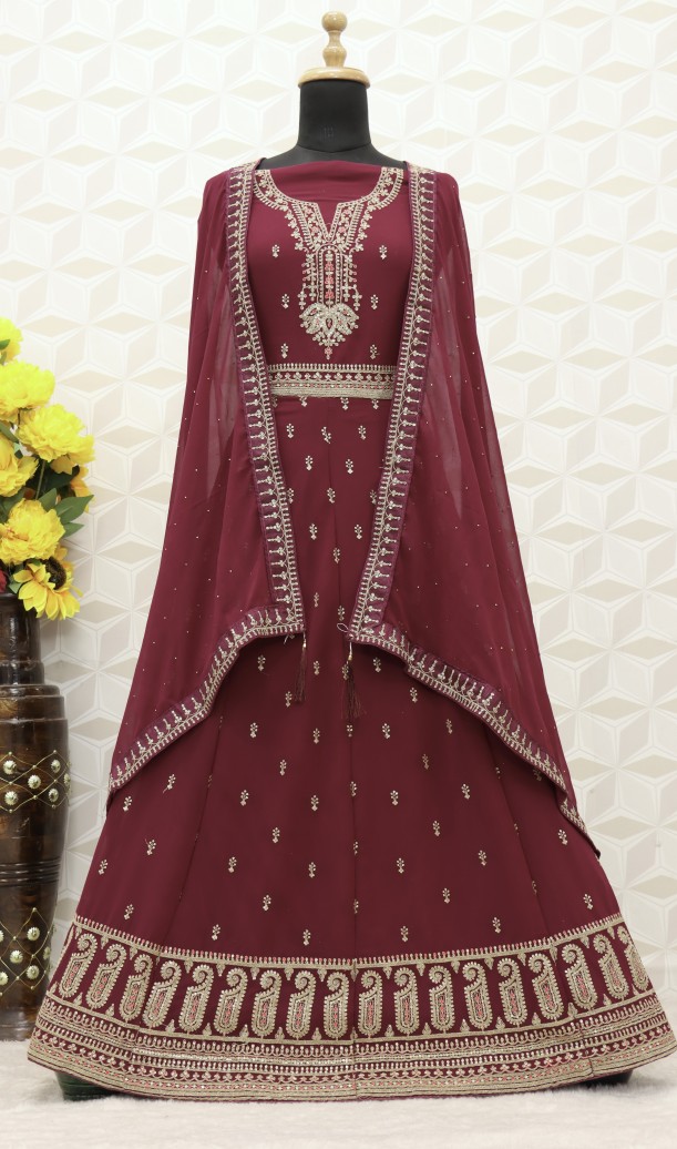 Embroidered Art Silk Abaya Style Suit in maroon