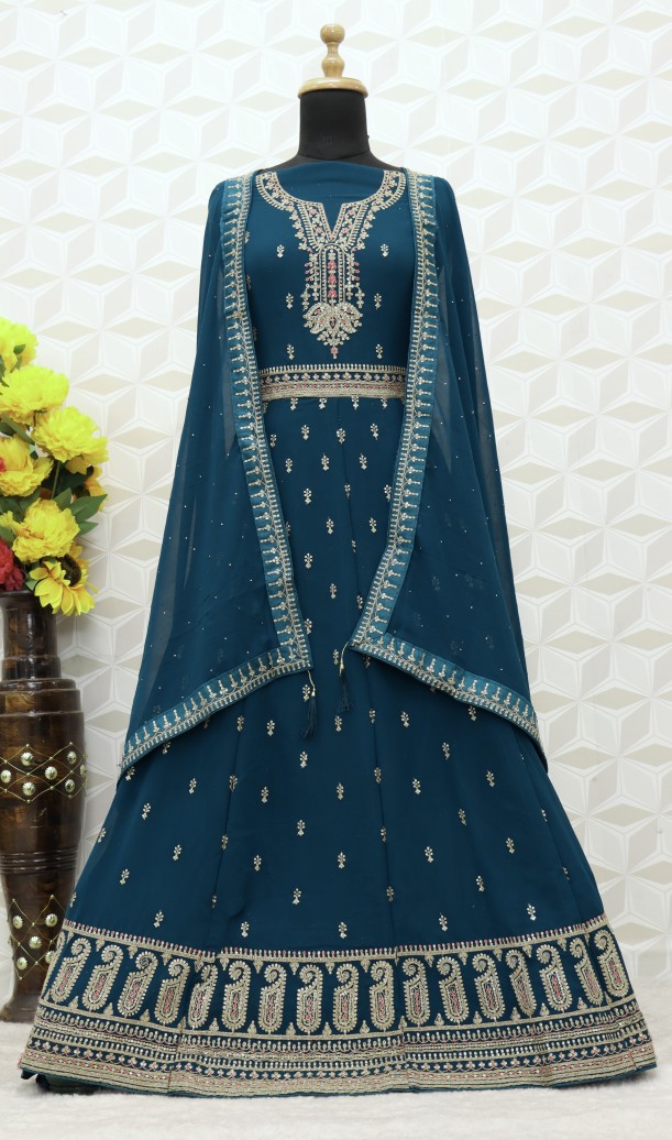 Embroidered Art Silk Abaya Style Suit in Turquoise