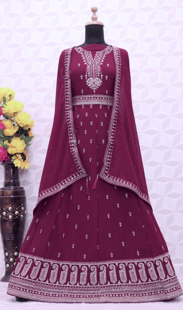 Embroidered Art Silk Abaya Style Suit in wine