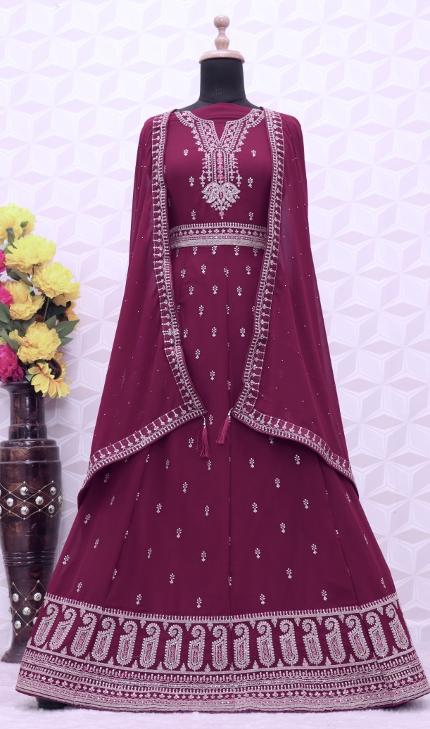 Embroidered Art Silk Abaya Style Suit in wine Embroidered Art Silk Abaya Style Suit in wine
