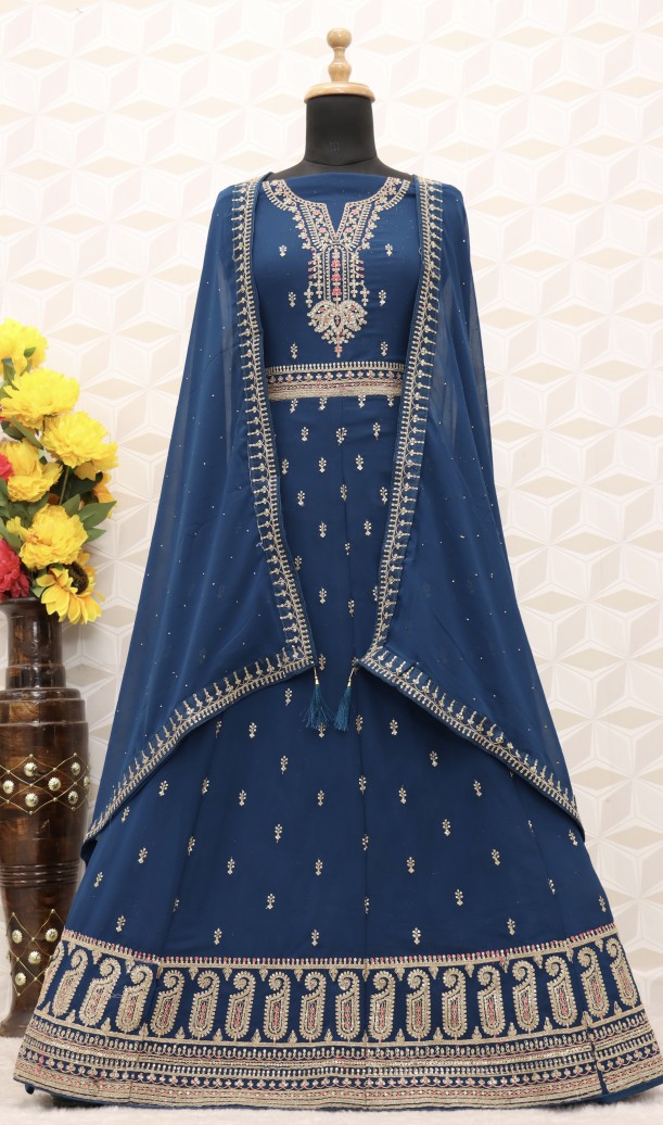 Embroidered Art Silk Abaya Style Suit in Teal Blue