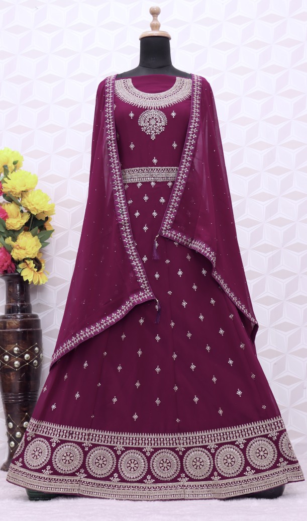 PURPLE EMBROIDERED FAUX GEORGETTE SALWAR SEMI STITCHED