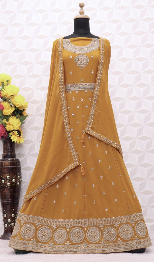 Yellow EMBROIDERED FAUX GEORGETTE SALWAR SEMI STITCHED Yellow EMBROIDERED FAUX GEORGETTE SALWAR SEMI STITCHED