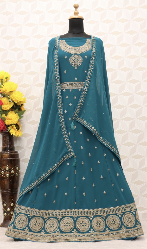 Turquoise EMBROIDERED FAUX GEORGETTE SALWAR SEMI STITCHED